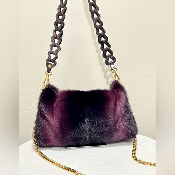 Purple Gradient Real Mink Fur Soft Slouchy Bag/Clutch/Shoulder Bag/Crossbody - Picture 2 of 16
